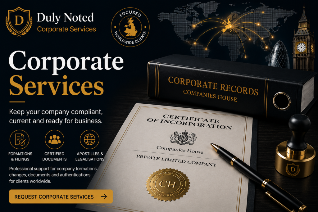 Corporate Services including company formations, Companies House filings, certified corporate documents and Apostille services for businesses worldwide.