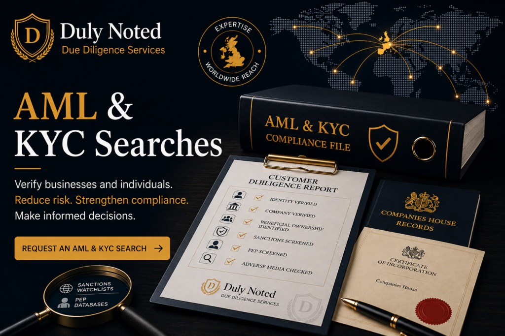 AML and KYC searches for company verification, customer due diligence, beneficial ownership research, sanctions screening and compliance services.