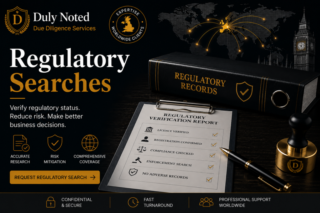 UK Regulatory Searches for licence verification, regulatory compliance research and official UK regulatory records.