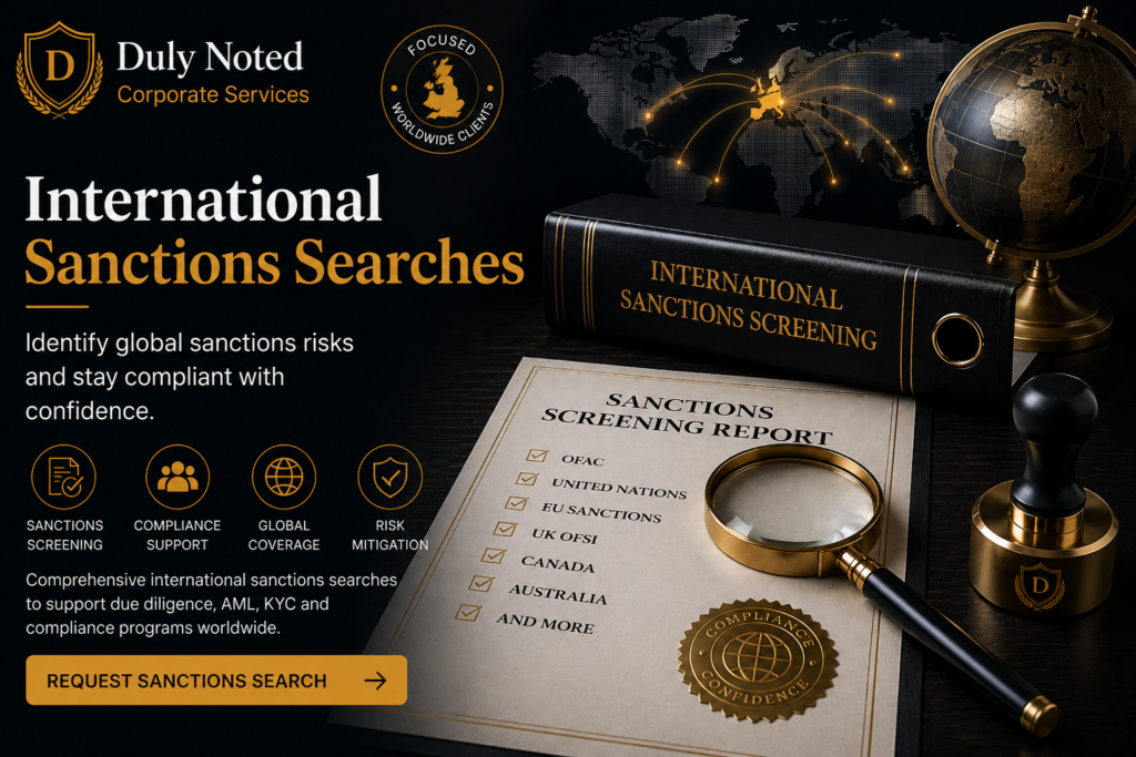 International sanctions searches for global compliance, AML, KYC, and due diligence services by Duly Noted Corporate Services