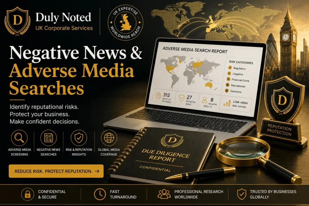 Negative News and Adverse Media Search services supporting due diligence, AML, KYC, supplier screening and reputational risk assessments for businesses worldwide.