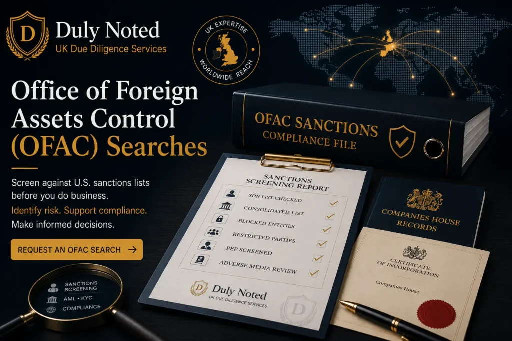 Office of Foreign Assets Control (OFAC) search services for U.S. sanctions screening, SDN list verification, AML, KYC and compliance due diligence.