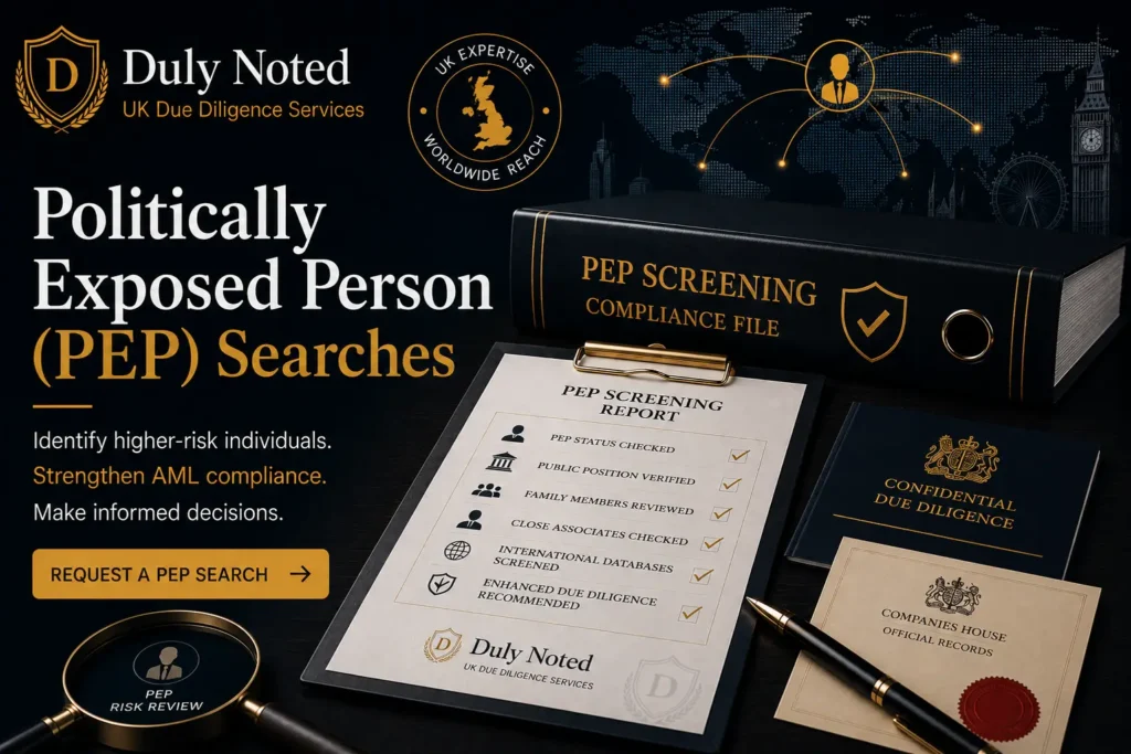 Politically Exposed Person (PEP) search services supporting AML compliance, KYC screening, enhanced due diligence and corruption risk assessment.