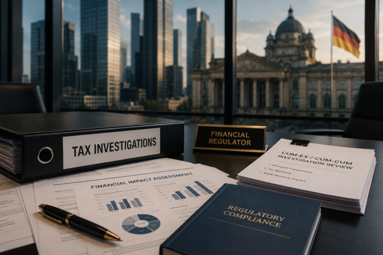 German financial compliance investigation illustrating regulatory oversight, tax fraud review, corporate governance, and due diligence.