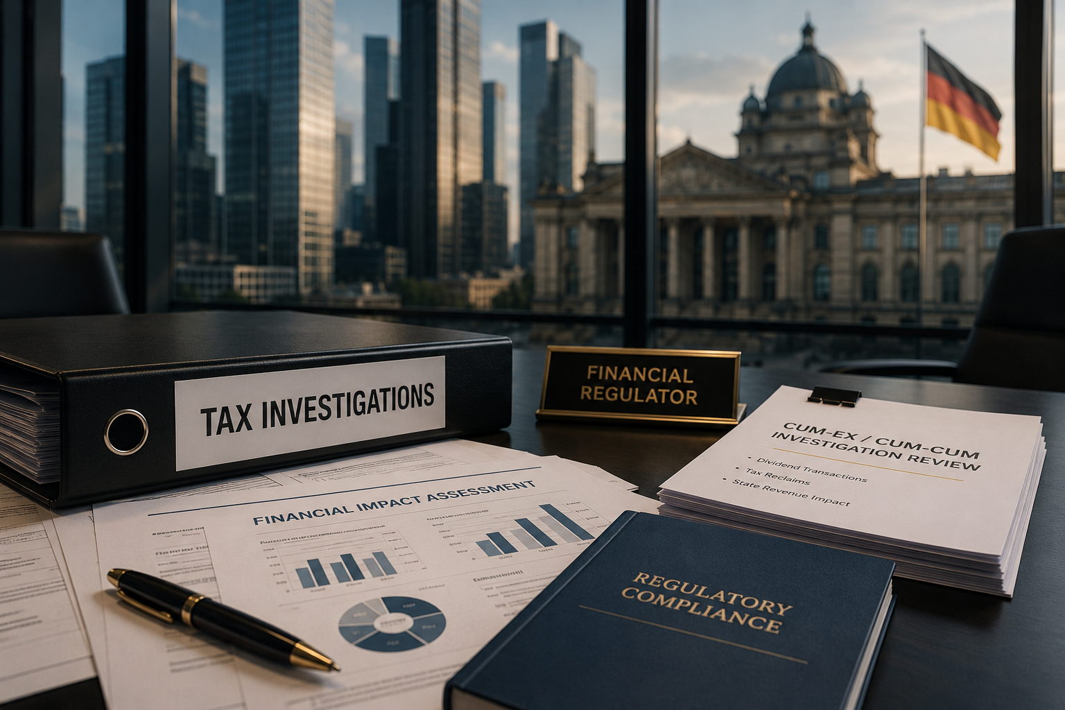 German financial compliance investigation illustrating regulatory oversight, tax fraud review, corporate governance, and due diligence.