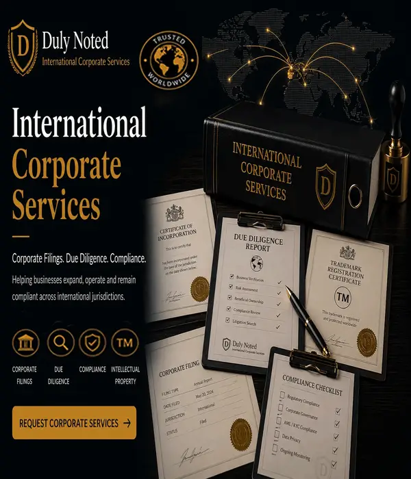 Duly Noted international corporate services banner featuring corporate filings, due diligence, compliance, trademark registration and worldwide business support.